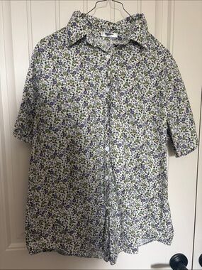 zeagoo Small Floral Print Short Sleeve Button-Down - Blue/Green